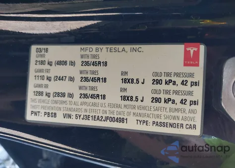 2018 Tesla Model 3 Long Range/Mid Range from USA, damaged, VIN 5YJ3E1EA2JF004981